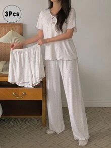 DAZY Bộ đồ ngủ nữ 2 món áo cổ tròn tay ngắn họa tiết chấm bi đính nơ và quần - trắng - Xem 9