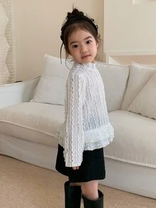 DAZY Baby Girl Solid Color Casual Cable Knit Lace Patchwork Top - White - View 2