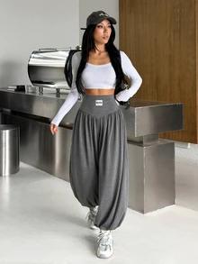 SHEIN EZwear 女款日常灰色針織高腰長褲 - 淺灰色 - 查看 6