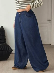 Flexra Festival Plus Size Women Blue Non-Stretch Loose Sexy Wide Leg Denim Jeans - Dark Wash - View 4