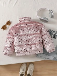 SHEIN جاكيت شتوي كاجوال بنمط نقاط بولكا وسحاب أمامي للفتيات الصغيرات - وردي - مشاهدة 2