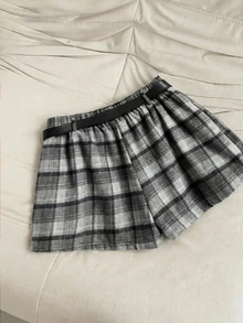 Franclia Women Plus Size Jacquard Tweed Grey Plaid Shorts Commuter Casual - Grey - View 2