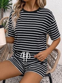 SHEIN LUNE 女款針織條紋紋理面料百搭夏季度假兩件套 - 彩色 - 查看 5