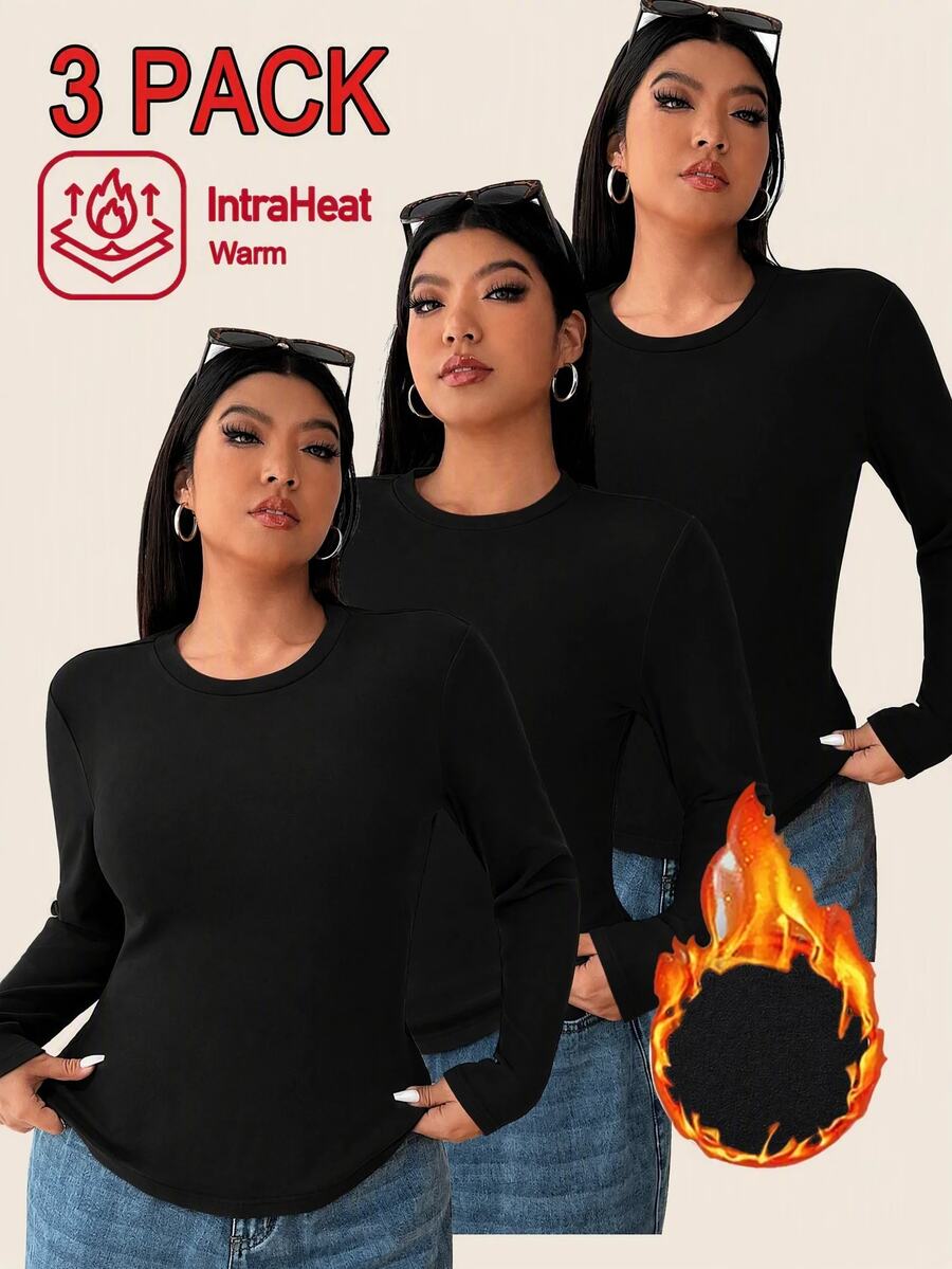 SHEIN EZwear 3件組大尺碼秋季T恤 - 黑色 - 查看 1