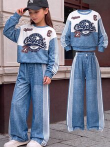 SHEIN 青少年女孩春秋冬季休閒2件套字母印花圓領衛衣與長褲套裝，適合校園穿著、日常上學通勤、旅行、散步、購物與外出，可搭配夾克、背心或鋪棉外套 - 藍色 - 查看 1