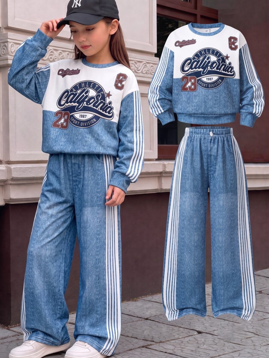 SHEIN 青少年女孩春秋冬季休閒2件套字母印花圓領衛衣與長褲套裝,適合校園穿著、日常上學通勤、旅行、散步、購物與外出,可搭配夾克、背心或鋪棉外套 - 藍色 - 查看 1