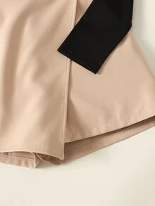 SHEIN Tween Girl Autumn/Winter Commute Elegant Korean Style Soft Comfortable Mini Set: Asymmetric Black Design Top + Front Slit High Waist Shorts Skirt - Black - View 4