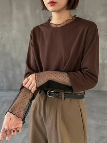 FRIFUL 女款網格拼接休閒日常長袖T恤 - 棕色 - 查看 7