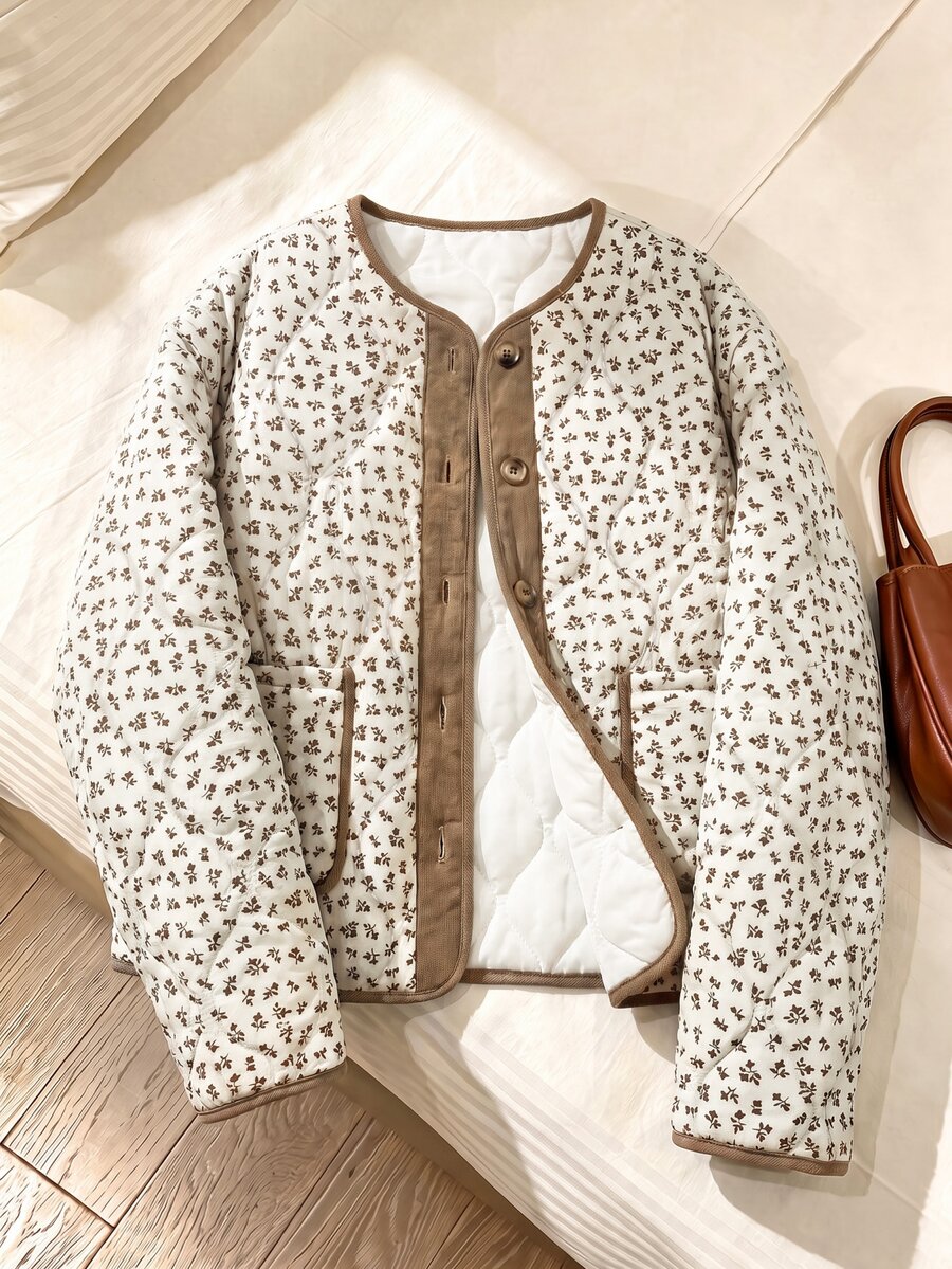 Rusticease Women's Casual Round Neck Patchwork Printed Single-Breasted Padded Coat - Multicolor - View 1