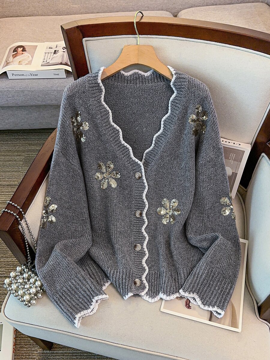 GlowEve CURVE Women's Autumn New Single Piece V-Neck Wavy Edge Machine Embroidered Sequin Floral Design Fashion Versatile Elegant Daily Commute Fitted Short Knit Button Cardigan Plus Size Top - Grey - View 1