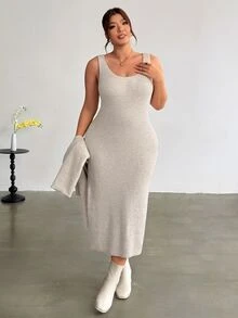 Firerie Atmospheric Knit Cover Up Dress With Multiple Wearing Styles, Knot Detail, V Neck, Loose Fit, Flattering Silhouette, Versatile Fall Cocktail Grey - Apricot - View 11