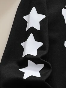 SHEIN 2件組青少年男孩街頭風黑色字母星星印花圓領長袖衛衣運動褲套裝 秋季穿搭 - 黑色 - 查看 7