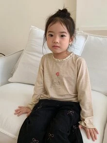 DAZY Baby Girl Round Neck Ruffle Trim Long Sleeve Top - Apricot - View 6