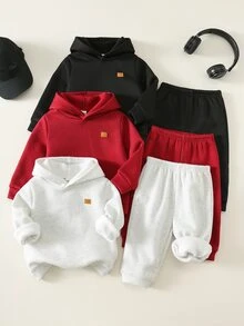 SHEIN 男嬰秋冬保暖內裡加厚6件套運動衫與運動長褲，黑色、紅色、灰色，適合節日穿著 - 彩色 - 查看 3