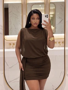 Slaydiva Sexy Street Date Party Women Slim Fit High Elastic Pleated Detail Chiffon Outer Layer Cover Up Ribbon Plus Size Mini Dress - Brown - Brown - View 3