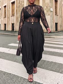 Zivah Plus Size Sexy Lace Sheer Top And Button Pleated Pants 2 Pieces Set - Black - View 7