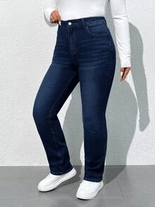 SHEIN ICON 大尺碼女款高腰緊身牛仔褲，適合約會、度假、派對、日常穿著、聚會、戶外活動 - 深色水洗藍 - 查看 1