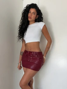 Jeanoix Y2K Women's Solid Color Fashion Ultra Mini Skirt - Burgundy - View 4