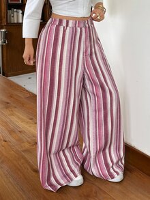 Rivivi Festival Plus Size Women Pink Striped Non-Stretch Slim Straight Leg Jeans - Pink - View 6