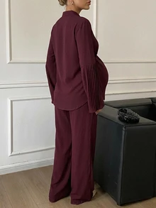 DAZY Solid Color Loose Pullover Long Sleeve Shirt & Straight Leg Pants Casual Vacation Daily Spring Autumn Maternity 2pcs Set - Burgundy - View 2