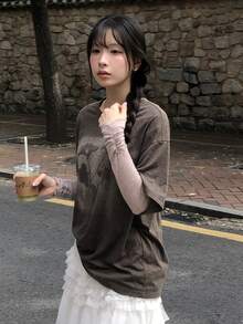 DAZY Brown Round Neck Floral Print Loose Casual Layering T-Shirt - Brown - View 6