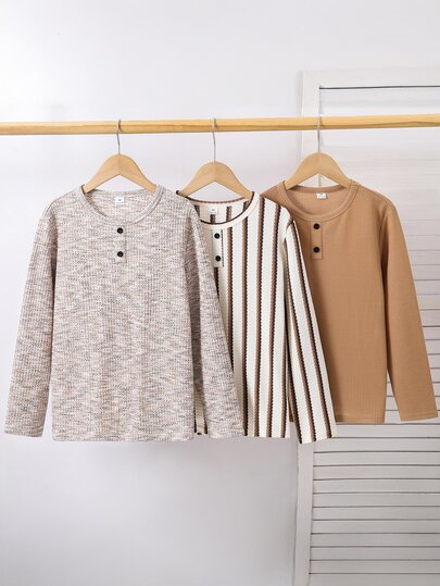 SHEIN 3 pezzi Magliette casual a girocollo per bambini/ragazzi pre-adolescenti Autunno/Inverno Confezione multipla Magliette a righe Magliette basic Top per ragazzi