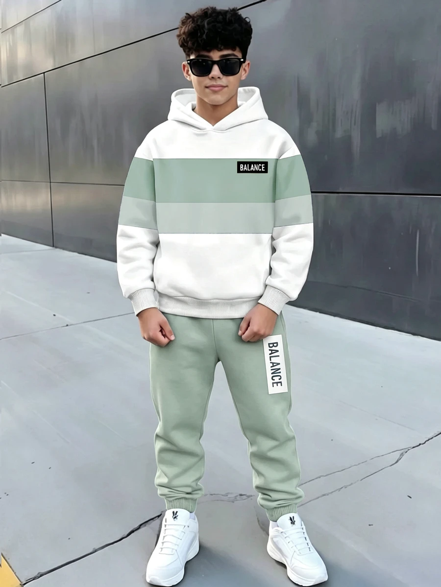 青少年男孩休閒極簡長袖連帽舒適衛衣2件套,適合秋冬穿著 - 彩色 - 查看 1