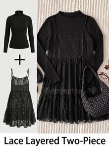 Comfortcana Plus Size Autumn/Winter Lace Camisole Dress & High Neck Cotton T-Shirt Black Set - Black - View 15
