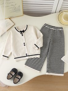 SHEIN Young Girl Bow Decor Long Sleeve Knit Cardigan And Striped Knit Pants Set - Multicolor - View 1