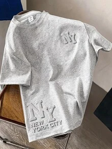 SHEIN 1件大童男孩休閒簡約設計壓紋字母素色圓領套頭T恤，舒適面料，適合春夏秋季 - 灰色 - 查看 3