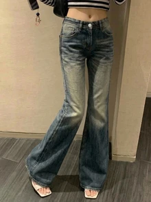DAZY Women's Blue-Grey Washed Distressed High-Waist Slim Fit Flared Leg Vintage Casual Denim Jeans - Blue - View 5