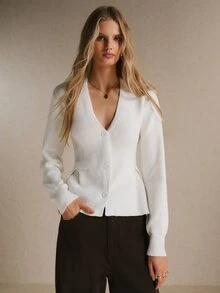 Poéselle Women's Ivory Ribbed-Knit Peplum Cardigan – Slim-Waist Deep V-Neck Button-Front Sweater With Flared Hem And Long Sleeves Chic Fall Winter Sweater - Apricot - View 3