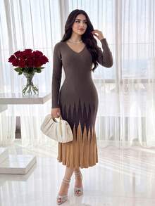 Feyla V-Neck Long Sleeve Geometric Pattern Pleated Dress - Coffee Brown - View 1