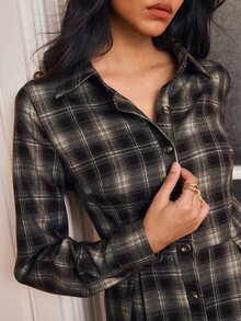 Écloséra Autumn/Winter Vintage Plaid Long Sleeve Pleated Hem Shirt Dress - Brown - View 3