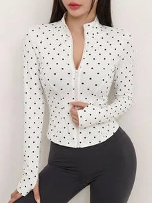 DAZY 女款波點印花長袖前拉鍊修身夾克 - 白色 - 查看 6