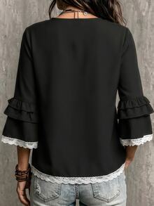 SHEIN LUNE Women's Fall Vintage Boho V-Neck Contrast Color Ruffle Design Blouse, Multi-Layer Flared Sleeve Lace Trim Loose Black And White Shirt, Casual Brunch - Black - View 2
