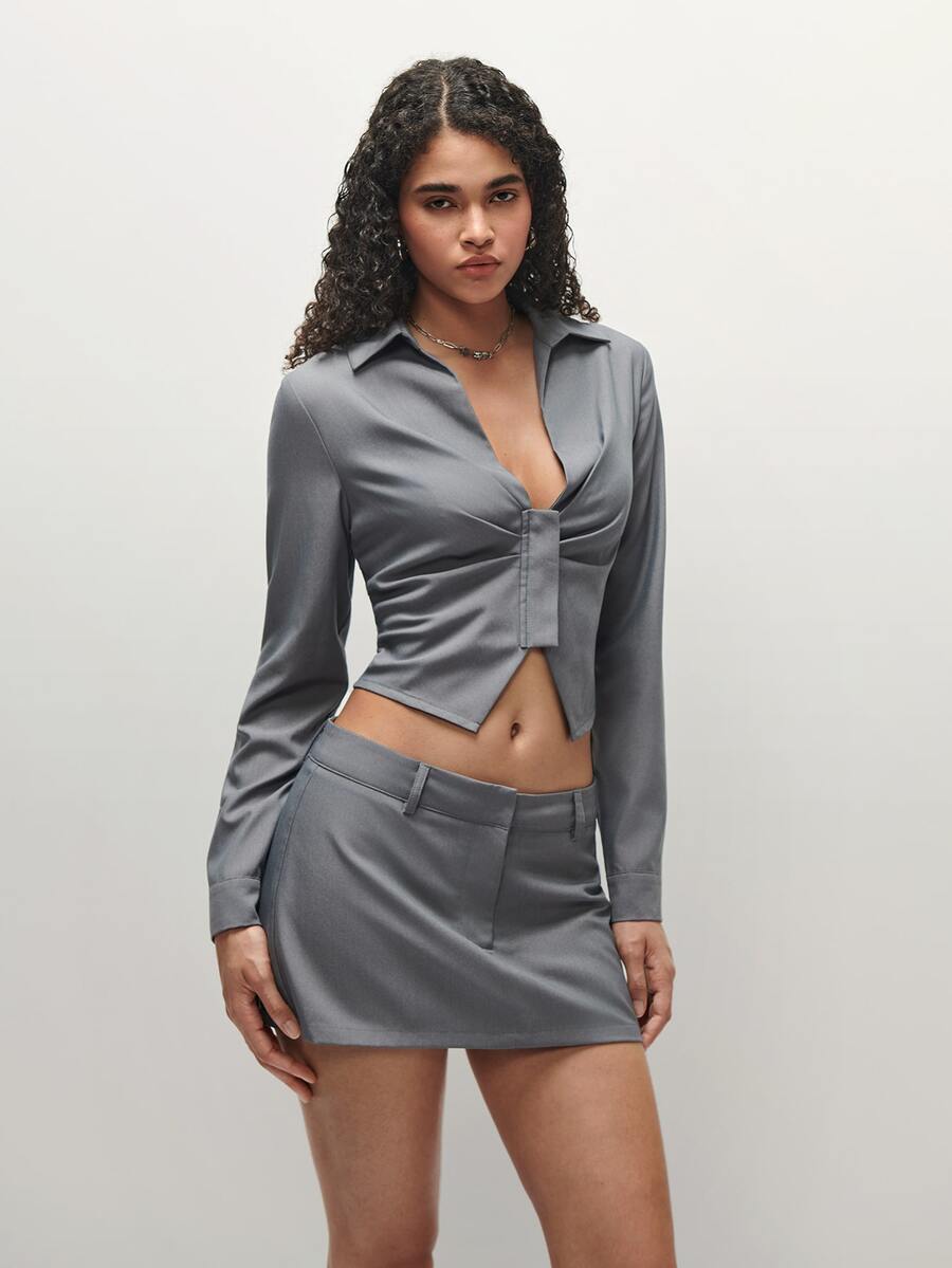 TRNVIE Women's Autumn Outfit Set With Collared Ruched Cinched Waist Long Sleeve Top And Skirt - Grey - View 1