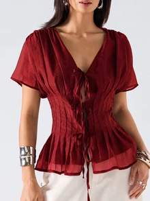 SHEIN EZwear 酒紅色純色領口百褶休閒百搭日常短袖大尺碼襯衫 - 酒紅色 - 查看 6