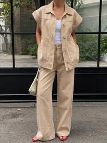 Livesso Autumn Apricot Lapel Button Pocket Decor Short Denim Jacket & Wide Leg Denim Pants Set - Apricot - View 4