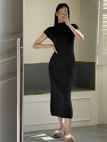 DAZY Women's Sleeveless Sweater Dress, Elegant Semi-High Neck Fitted Bodycon Mid-Length Dress, Base Layer Dress - Black - View 5