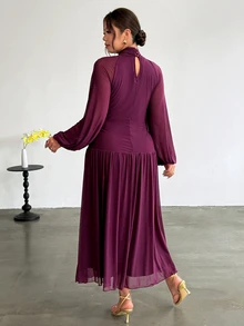 Firerie Plus Size New Cross Design Ruched Lantern Sleeve Asymmetrical Body Gathered Full Flare Long Dress - Red Violet - View 2