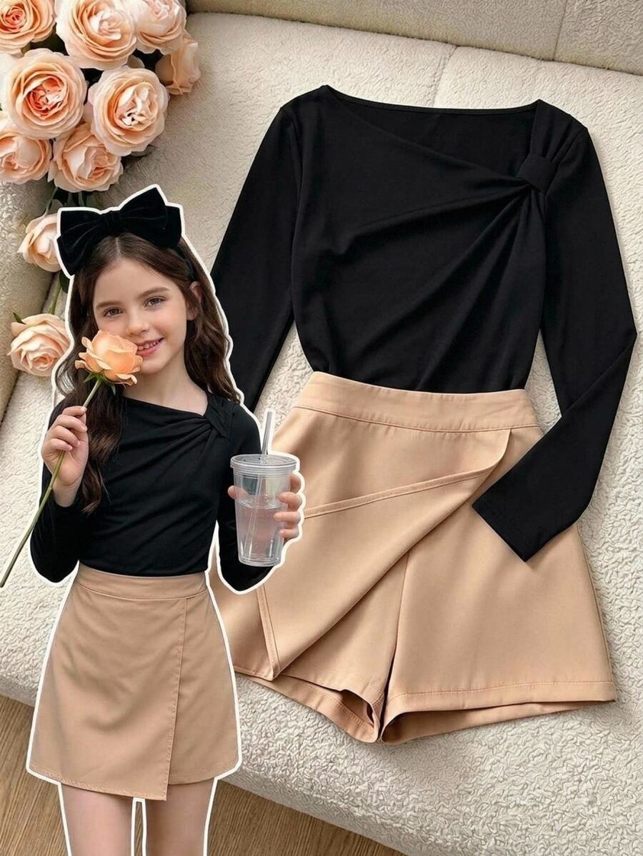 SHEIN Tween Girl Autumn/Winter Commute Elegant Korean Style Soft Comfortable Mini Set: Asymmetric Black Design Top + Front Slit High Waist Shorts Skirt - Black - View 1