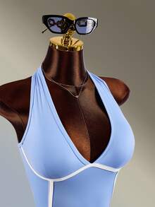 Amplova Setelan Olahraga Wanita: Atasan Tank Top Model V-Neck dan Celana Pendek - Biru - View 5