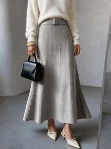 Modelyn Women's Pleated High Waist Slimming Knit Skirt, Autumn/Winter - Grey - View 2