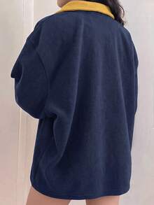 Lumivelle Plus Size Women's Colorblock Zipper Design Fleece Pullover Sweatshirt - Blue - View 2