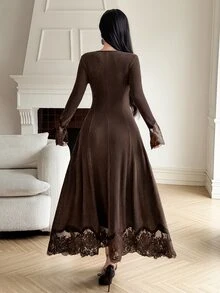 DAZY Brown U-Neck Lace Patchwork Cuff & Hem Fitted Waist Long Sleeve Elegant Knit Dress - Coffee - View 6