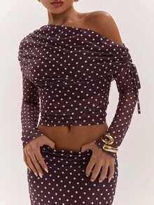 SHEIN BAE Women's Sexy Brown Polka Dot Asymmetrical Shoulder Single Sleeve Two Pieces Set - Multicolor - View 8