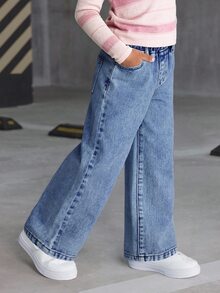 SHEIN 少女牛仔褲新品上市 簡約休閒風 百搭時尚 破洞復古水洗丹寧 直筒舒適版型 四季皆宜 休閒女童牛仔褲 - 中等水洗藍 - 查看 7