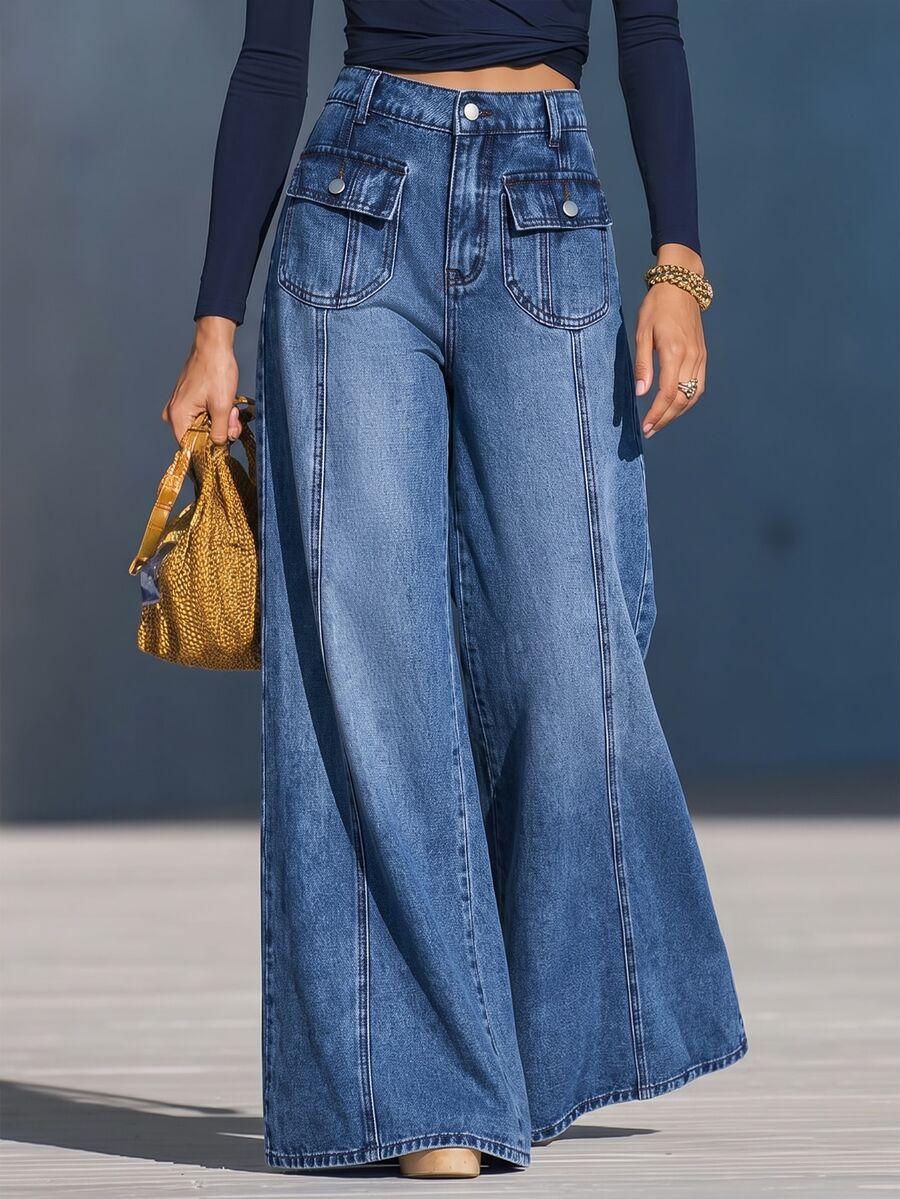 LUMIGAL Women's Solid Color Front Pocket Design Fashion Denim Wide Leg Pants - Blue - View 1