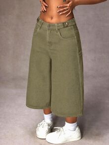 SHEIN EZwear 1pc Solid Wide Leg Crop Jeans - Army Green - View 4